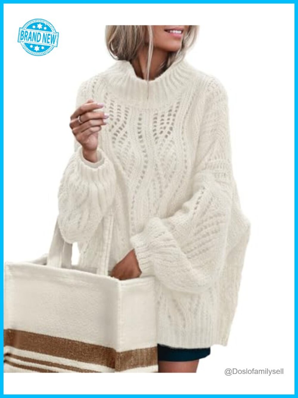 Oversized Crochet Sweater Mock Neck Lantern Sleeve Pullover